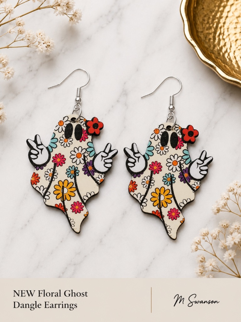 NEW Floral Ghost Dangle Earrings Double-Sided Halloween Boho NWT
